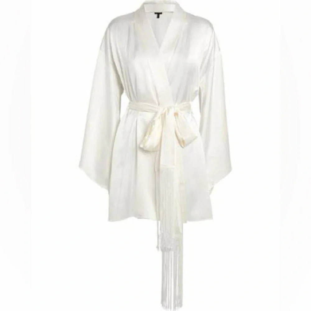 NWT! KIKI DE MONTPARNASSE Fringe Kimono Robe -Trim Silk Mini Kimono White Size M